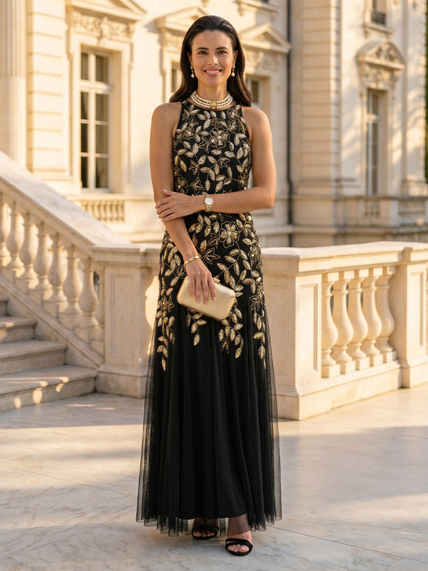 Lace Sequin Round Neck Mermaid Sleeveless Long Mother of the Bride Dresses