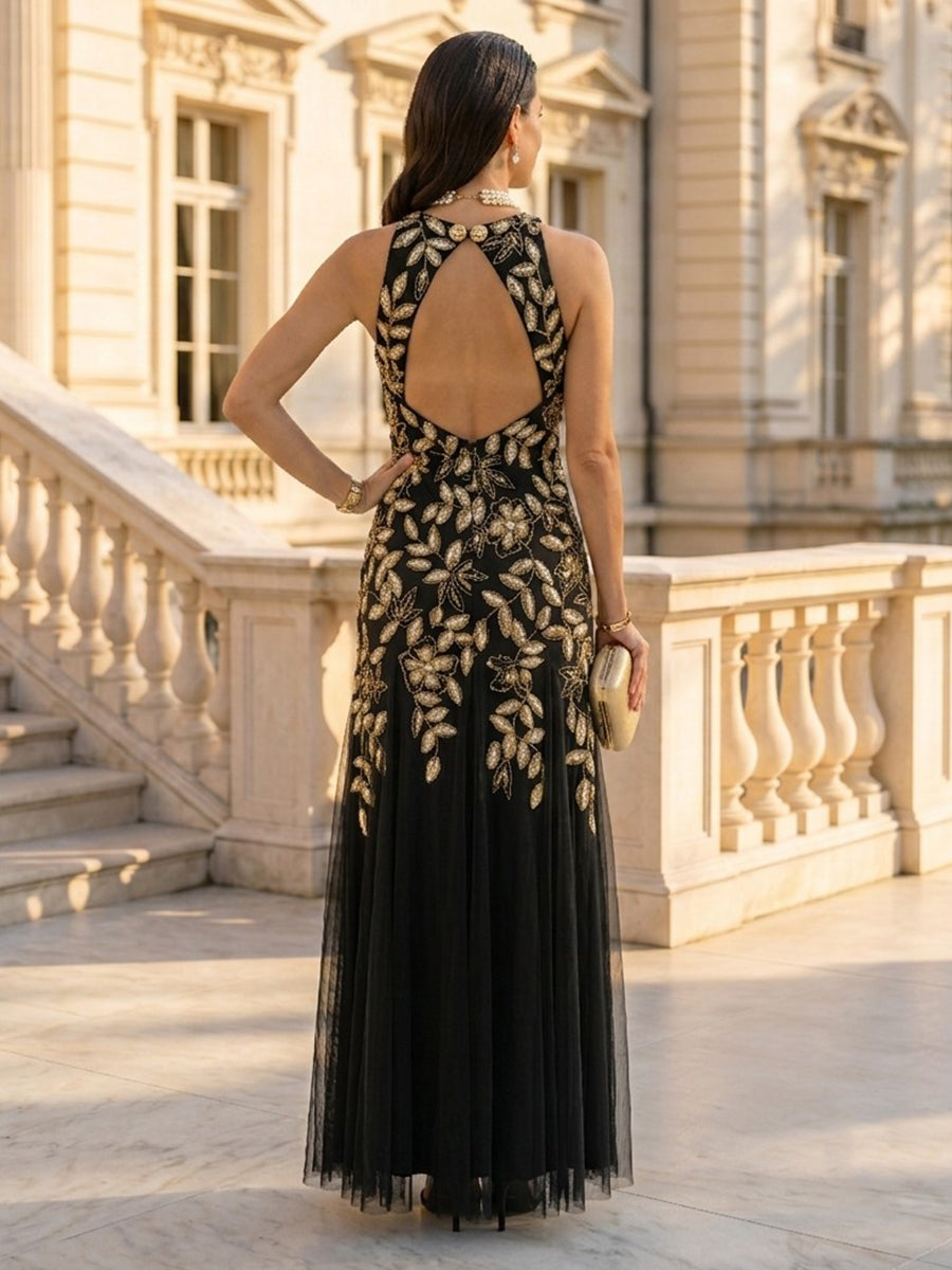 Lace Sequin Round Neck Mermaid Sleeveless Long Mother of the Bride Dresses