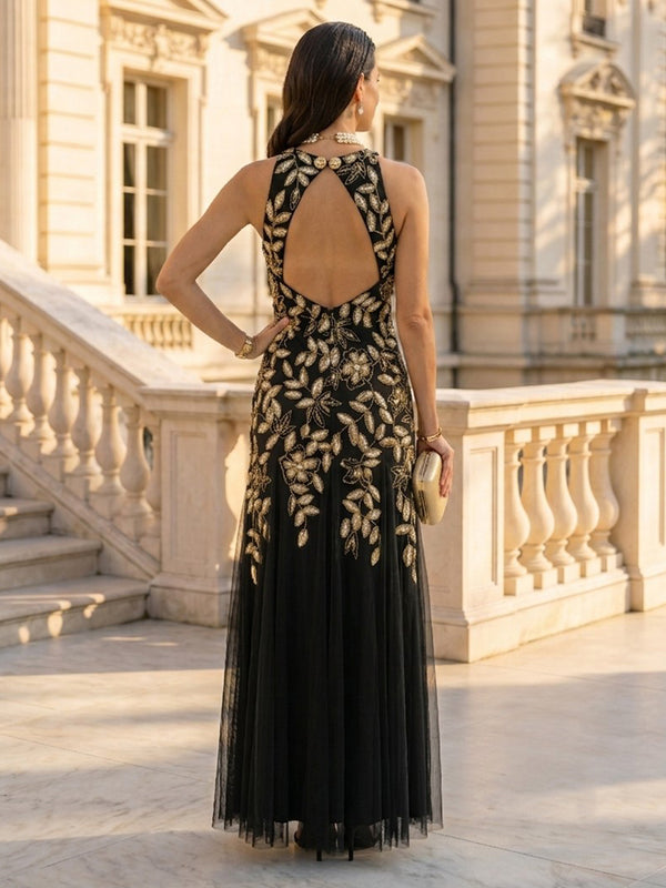 Lace Sequin Round Neck Mermaid Sleeveless Long Mother of the Bride Dresses