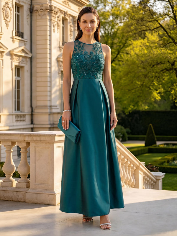 Satin Sleeveless Lace Appliques Round Neck Long Mother of the Bride Dresses