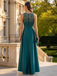 Satin Sleeveless Lace Appliques Round Neck Long Mother of the Bride Dresses