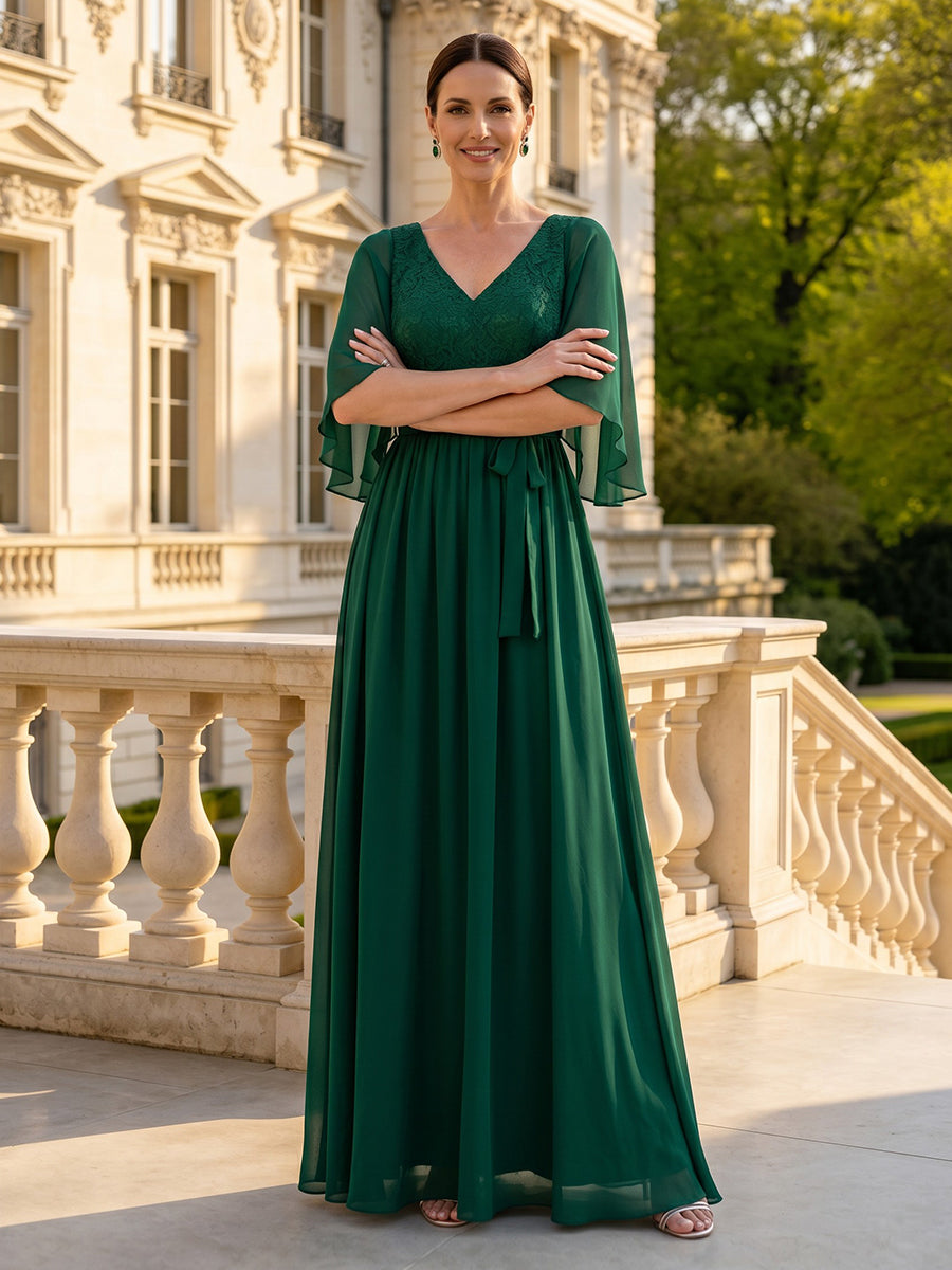 Chiffon V Neck Short Sleeves Long Mother of the Bride Dresses with Belt