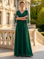 Chiffon V Neck Short Sleeves Long Mother of the Bride Dresses with Belt