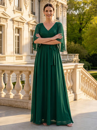 Chiffon V Neck Short Sleeves Long Mother of the Bride Dresses with Belt
