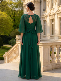Chiffon V Neck Short Sleeves Long Mother of the Bride Dresses with Belt
