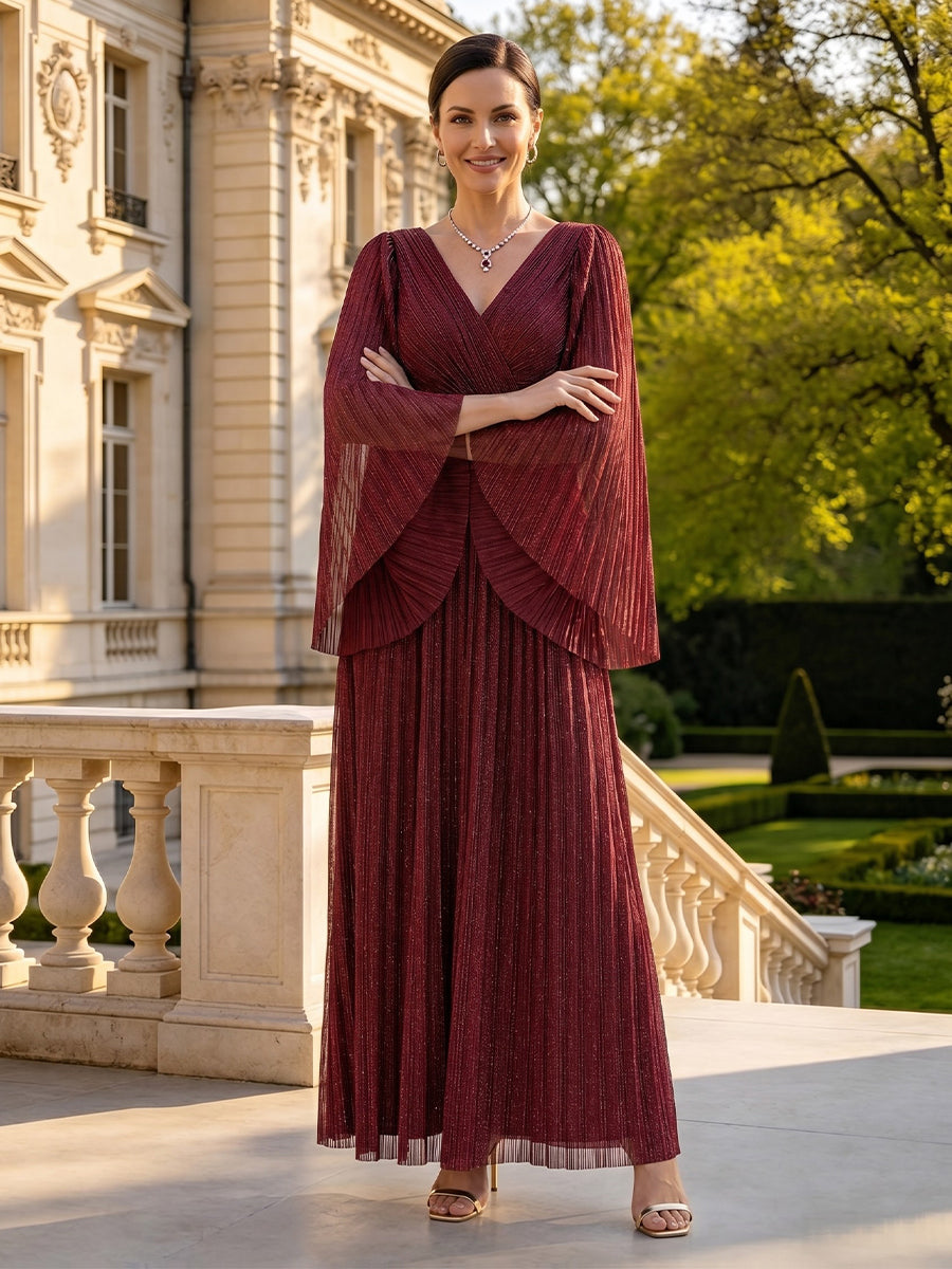Tulle V Neck Long Sleeves A Line Long Mother of the Bride Dresses with Pleated
