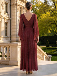 Tulle V Neck Long Sleeves A Line Long Mother of the Bride Dresses with Pleated