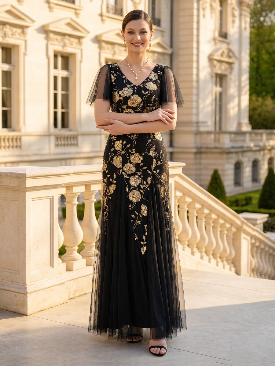 Lace Appliques V Neck Short Sleeves Mermaid Long Mother of the Bride Dresses