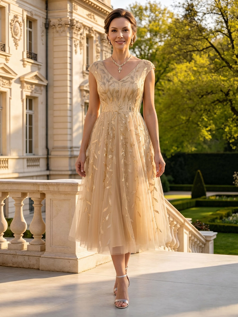 Lace Appliques V Neck A Line Cap Sleeves Midi Mother of the Bride Dresses