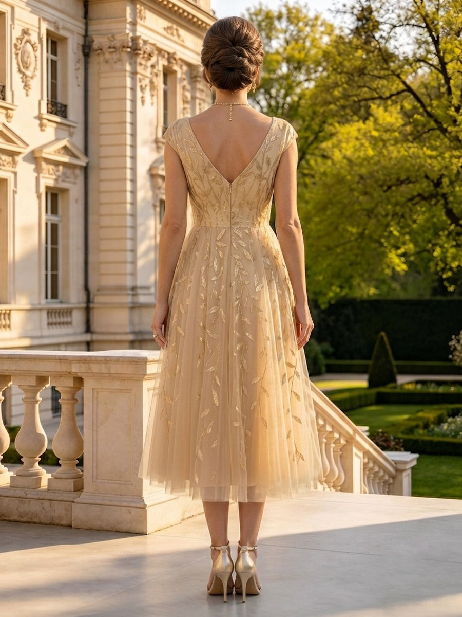 Lace Appliques V Neck A Line Cap Sleeves Midi Mother of the Bride Dresses