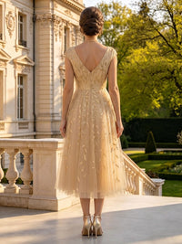 Lace Appliques V Neck A Line Cap Sleeves Midi Mother of the Bride Dresses