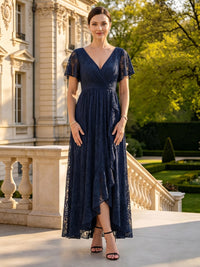 Lace V Neck Short Sleeves A Line Long Mother of the Bride Dresses