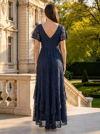 Lace V Neck Short Sleeves A Line Long Mother of the Bride Dresses