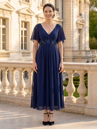 Chiffon V Neck Lace Appliques Short Sleeves Long Mother of the Bride Dresses
