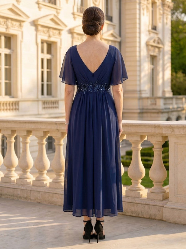 Chiffon V Neck Lace Appliques Short Sleeves Long Mother of the Bride Dresses