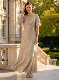 V Neck Short Sleeves Long Mother of the Bride Dresses