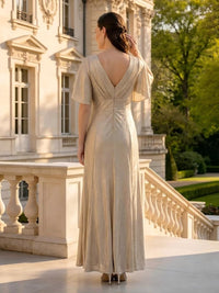V Neck Short Sleeves Long Mother of the Bride Dresses