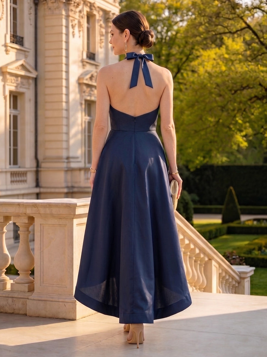 Satin Sleeveless Halter High Low Long Mother of the Bride Dresses