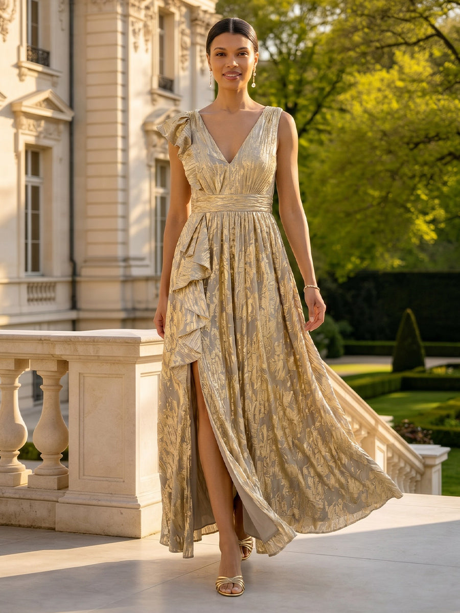 Jacquard V Neck Long Sleeveless A Line Long Mother of the Bride Dresses with Slit