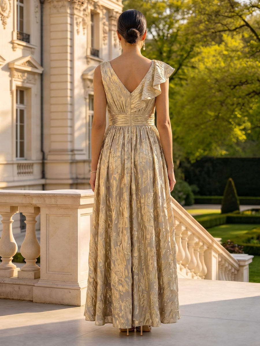 Jacquard V Neck Long Sleeveless A Line Long Mother of the Bride Dresses with Slit