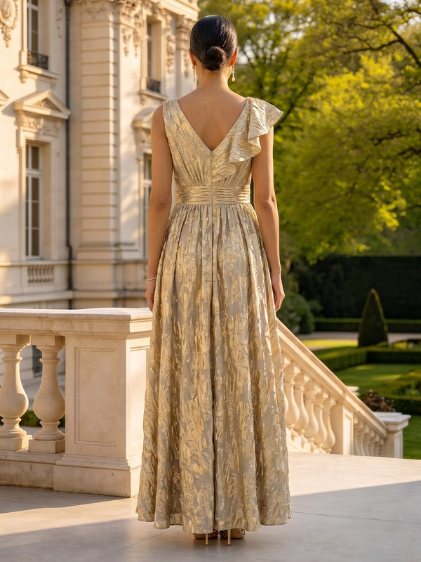 Jacquard V Neck Long Sleeveless A Line Long Mother of the Bride Dresses with Slit