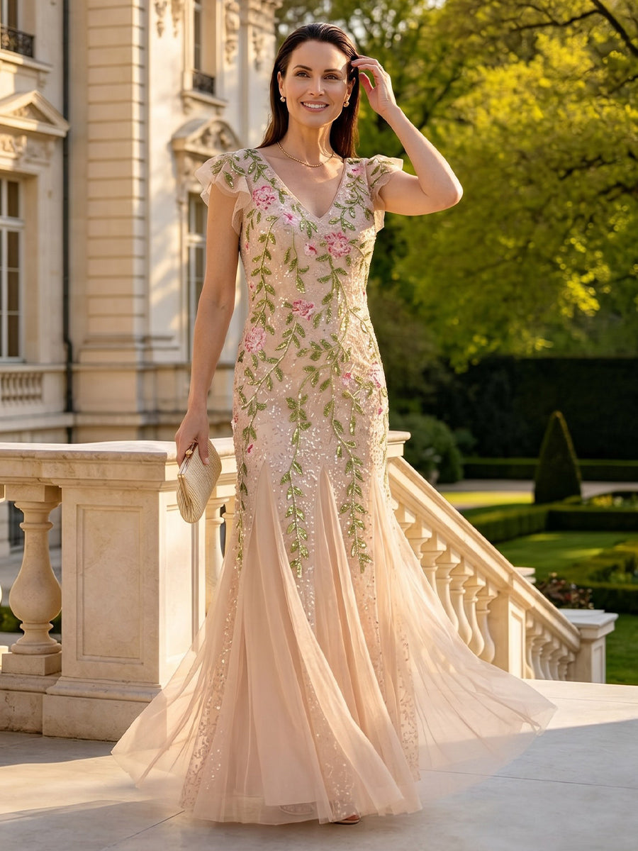 Lace Appliques V Neck A Line Short Sleeves Long Mother of the Bride Dresses