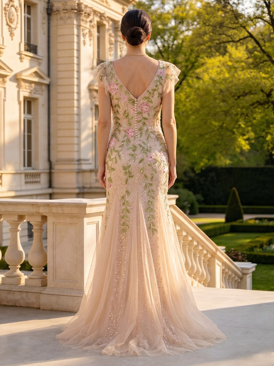 Lace Appliques V Neck A Line Short Sleeves Long Mother of the Bride Dresses