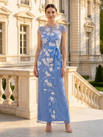 Lace Floral Boat Neck Short Sleeves A Line Long Mother of the Bride Dresses with Belt