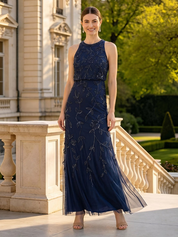 Sequin Lace Boat Neck Sleeveless Long Mother of the Bride Dresses