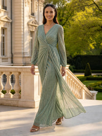 Tulle V Neck Long Sleeves Long Mother of the Bride Dresses with Pleated