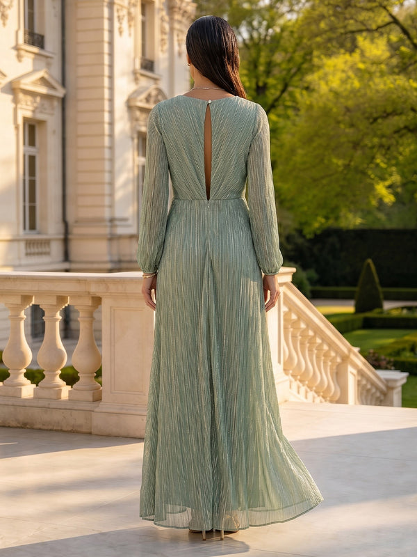 Tulle V Neck Long Sleeves Long Mother of the Bride Dresses with Pleated