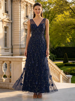 Lace Appliques V Neck Sleeveless Long Mother of the Bride Dresses