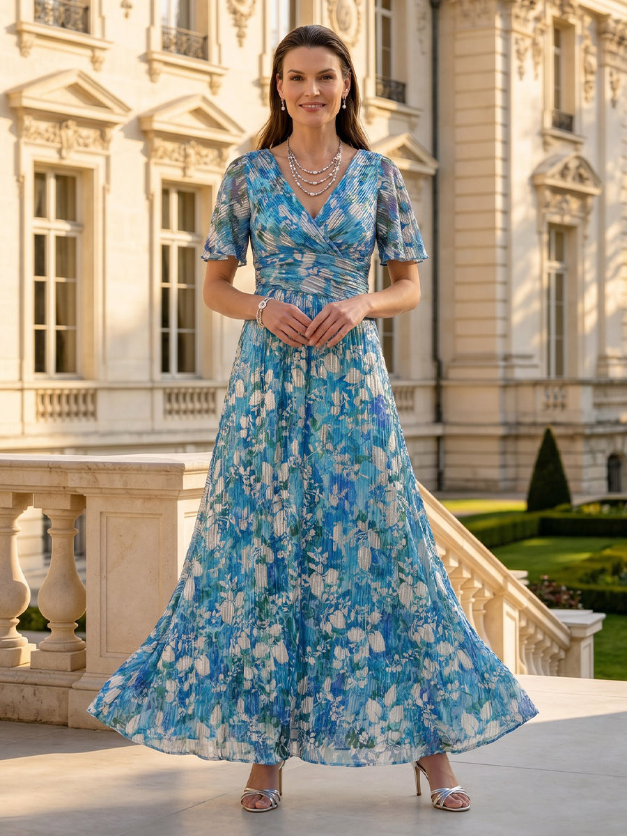 Floral Print V Neck A Line Short Sleeves Long Mother of the Bride Dresses