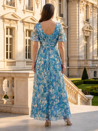 Floral Print V Neck A Line Short Sleeves Long Mother of the Bride Dresses