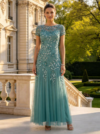 Lace Appliques Round Neck Short Sleeves A Line Long Mother of the Bride Dresses