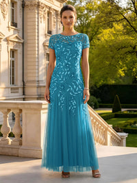 Lace Appliques Round Neck Short Sleeves A Line Long Mother of the Bride Dresses
