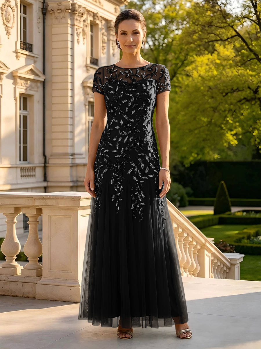Lace Appliques Round Neck Short Sleeves A Line Long Mother of the Bride Dresses