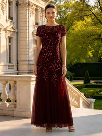 Lace Appliques Round Neck Short Sleeves A Line Long Mother of the Bride Dresses