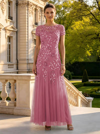 Lace Appliques Round Neck Short Sleeves A Line Long Mother of the Bride Dresses