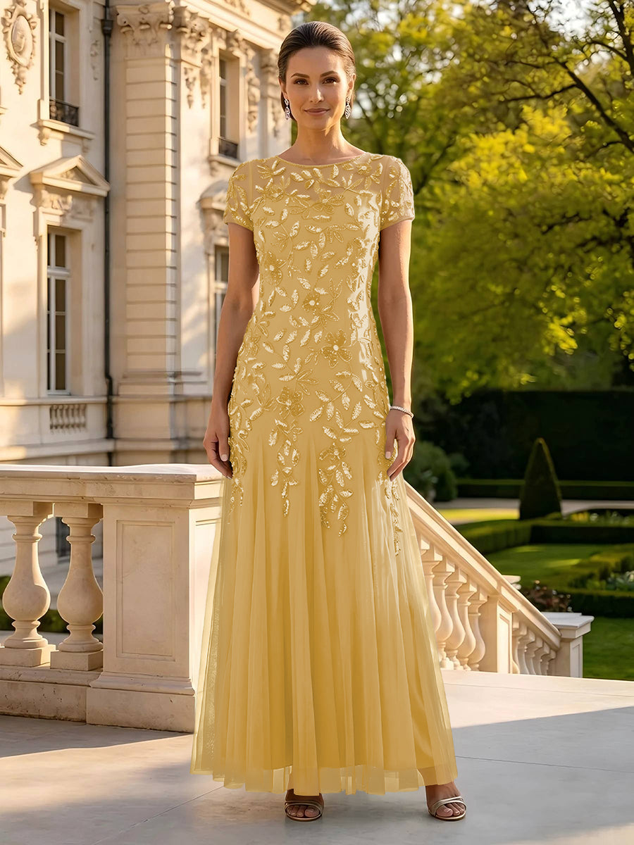 Lace Appliques Round Neck Short Sleeves A Line Long Mother of the Bride Dresses