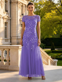 Lace Appliques Round Neck Short Sleeves A Line Long Mother of the Bride Dresses