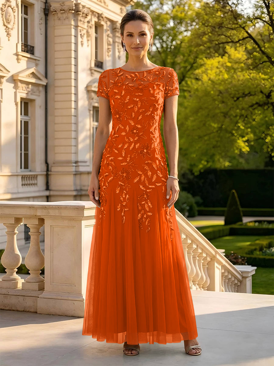 Lace Appliques Round Neck Short Sleeves A Line Long Mother of the Bride Dresses
