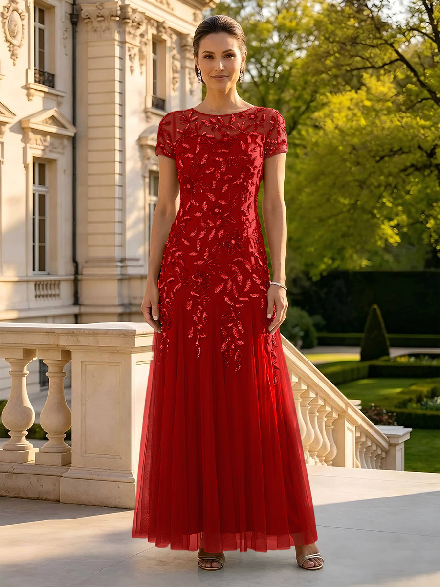 Lace Appliques Round Neck Short Sleeves A Line Long Mother of the Bride Dresses