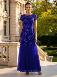 Lace Appliques Round Neck Short Sleeves A Line Long Mother of the Bride Dresses