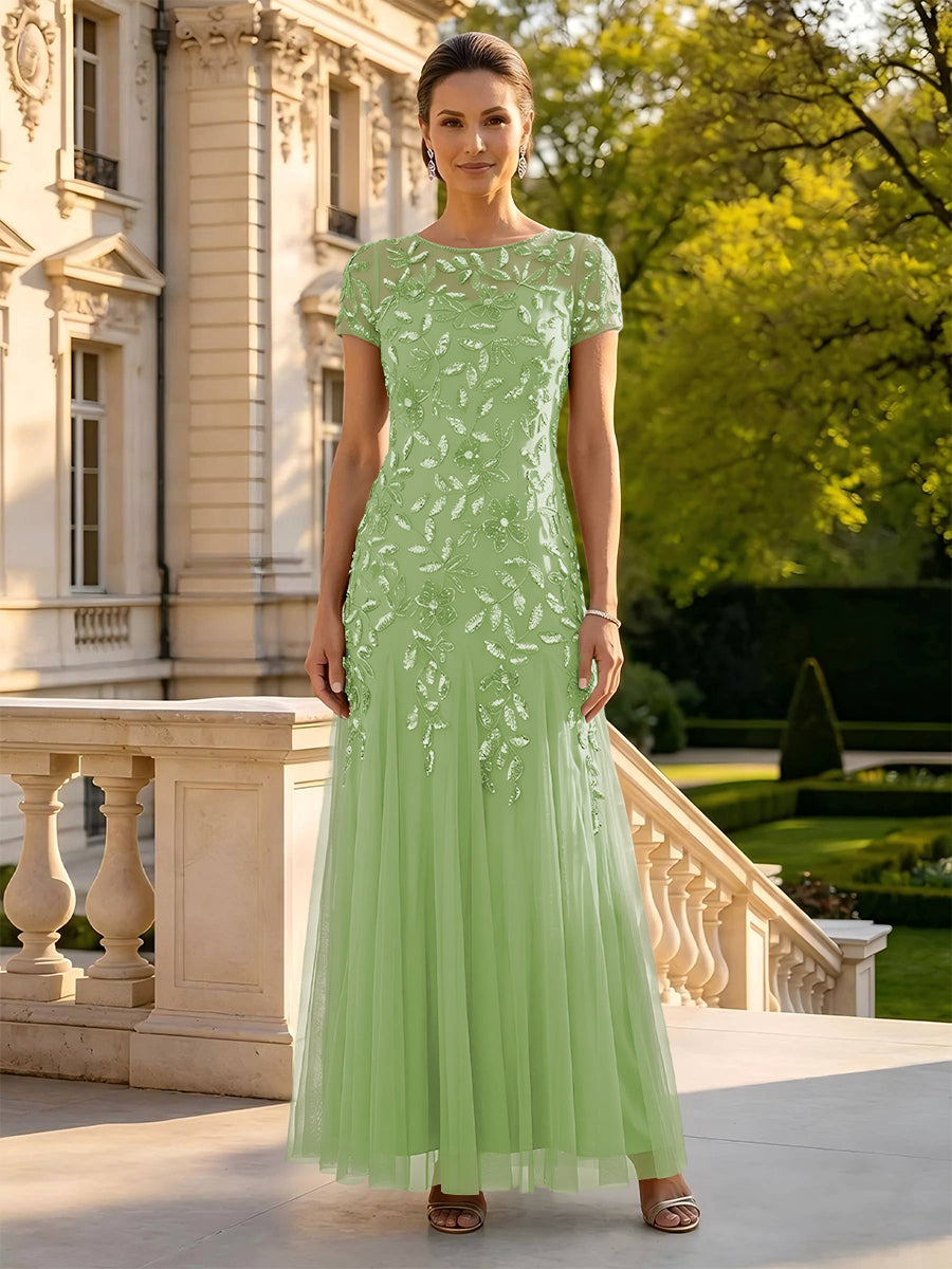 Lace Appliques Round Neck Short Sleeves A Line Long Mother of the Bride Dresses