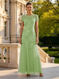 Lace Appliques Round Neck Short Sleeves A Line Long Mother of the Bride Dresses