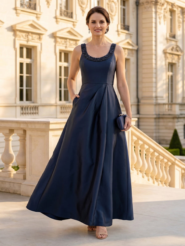 Satin Spaghetti Straps Sleeveless Long Mother of the Bride Dresses with Pockets