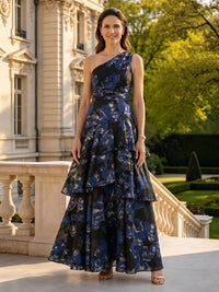 Floral Print One Shoulder Tiered Long Mother of the Bride Dresses