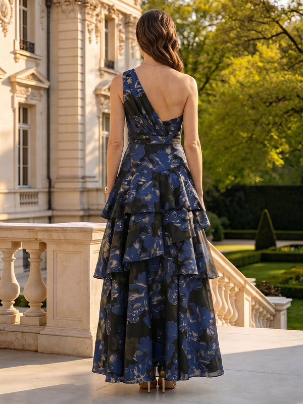 Floral Print One Shoulder Tiered Long Mother of the Bride Dresses