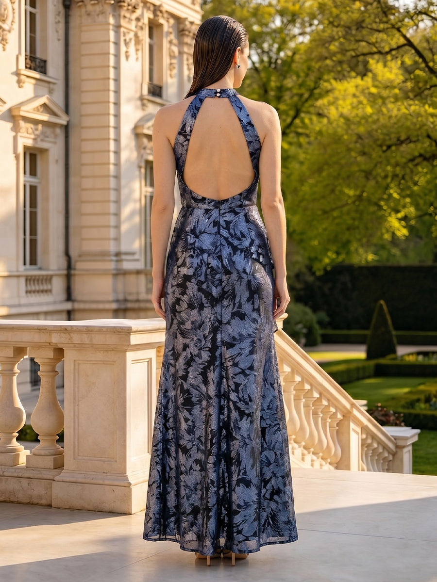 Floral Print Halter Sleeveless Long Mother of the Bride Dresses with Slit